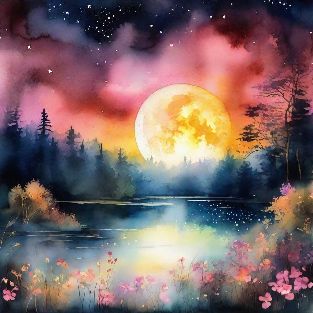 Golden Moonlit Lake: Surreal Watercolor Double Exposure