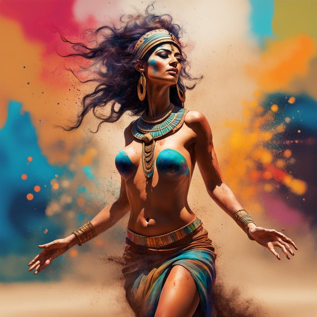 Egyptian Goddess Dancing in Sand: Vibrant Abstract Realism
