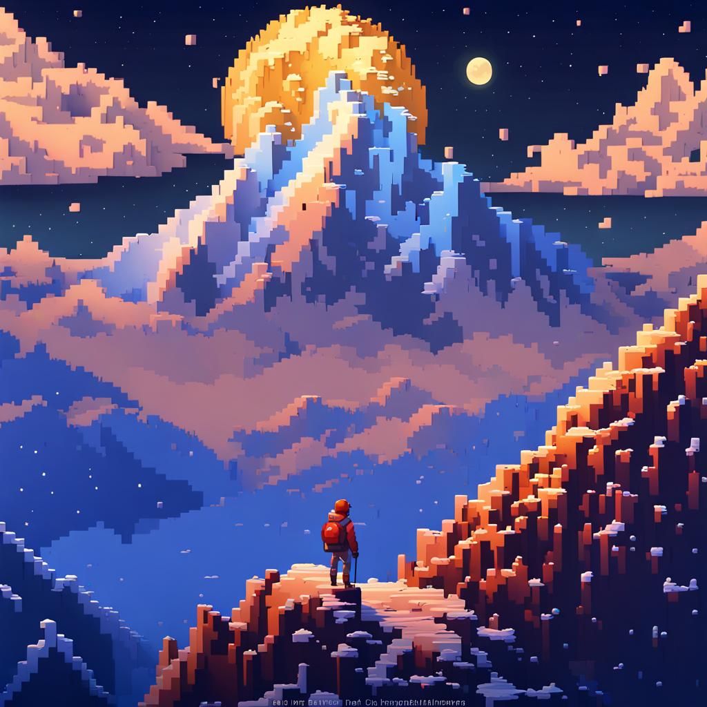 8-bit Pixel Art Hiker Under the Moon
