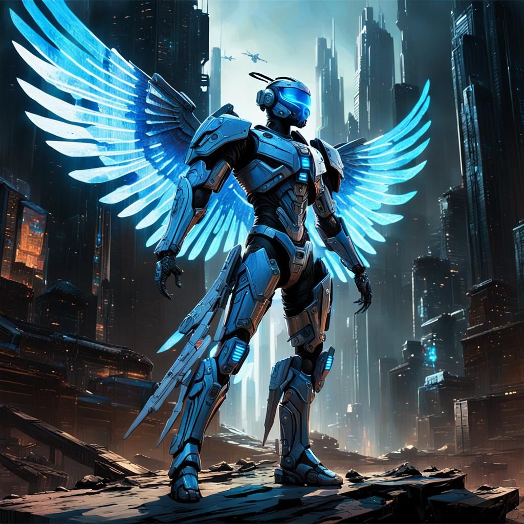 Cyberpunk Techno-Angel in Post-Apocalyptic Setting