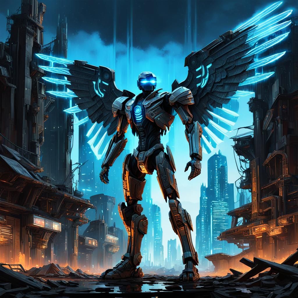 Cyberpunk Techno-Angel in Post-Apocalyptic Wasteland