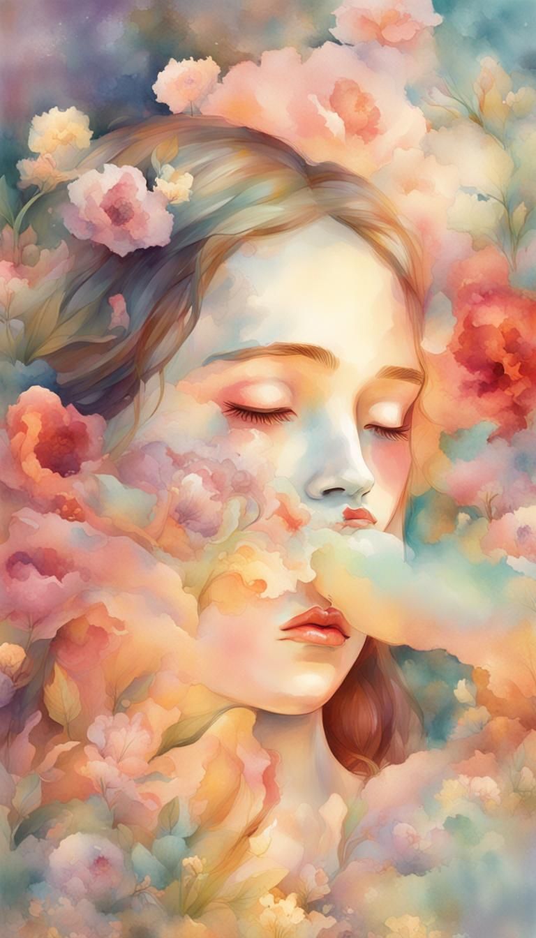 Girl Hiding Face Behind Flowers in Art Nouveau Style