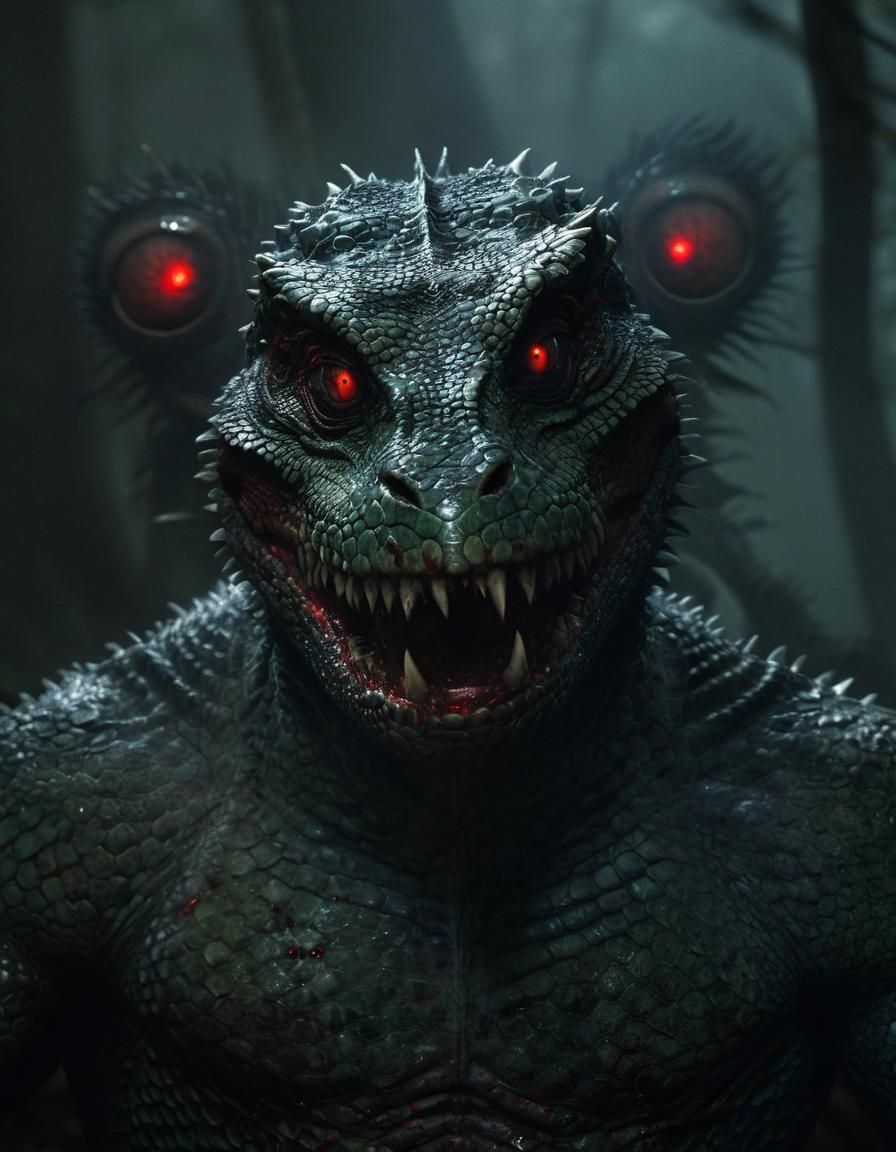 Dark Fantasy Lizard Feasting in Misty Forest
