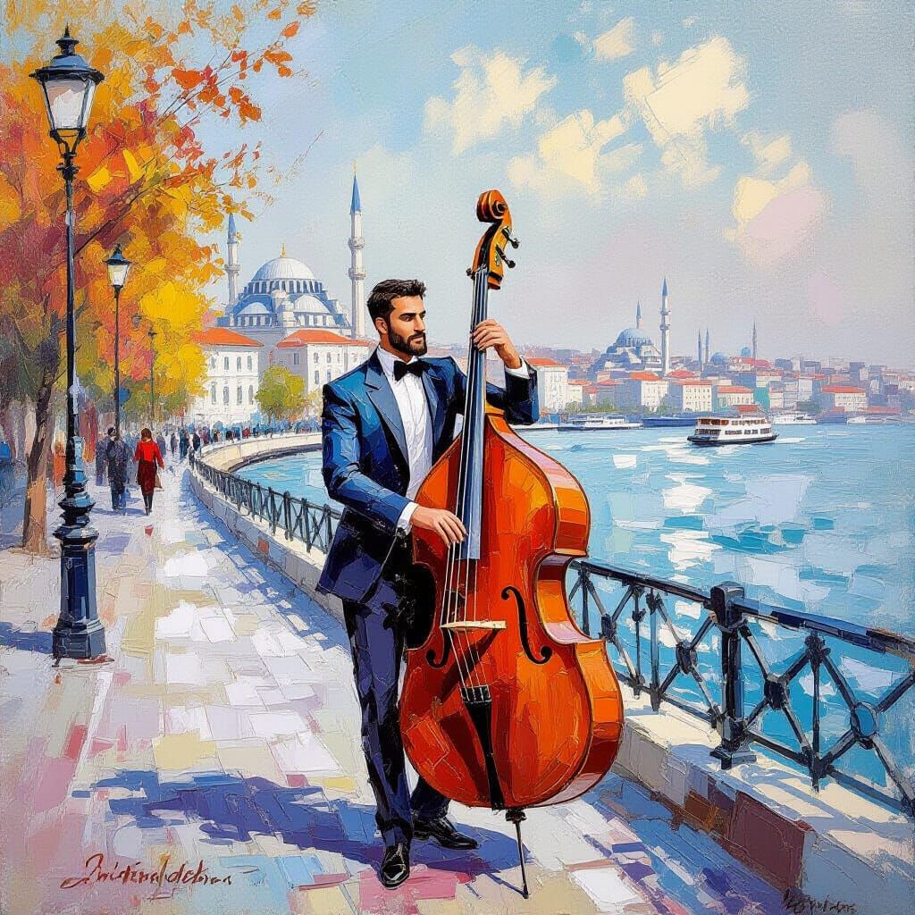 Abstract Impasto Painting of Musician at Bosphorus