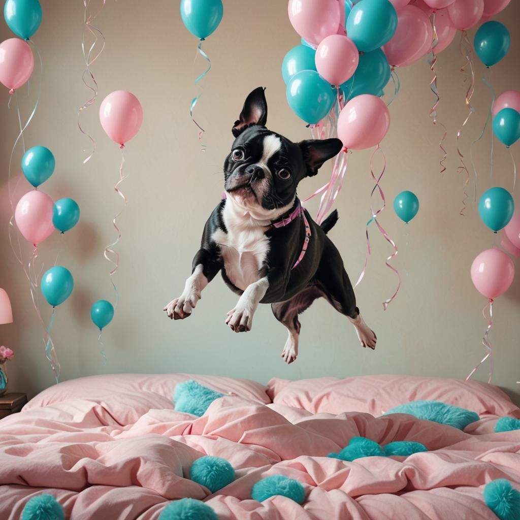 Playful Boston Terrier with Pink Balloon