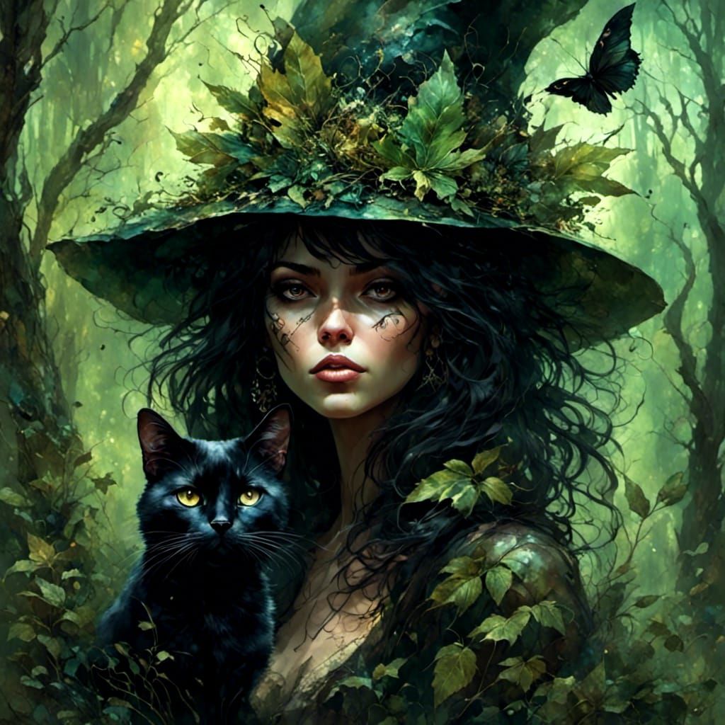 Ganja Witch Portrait with Black Cat in Forest
