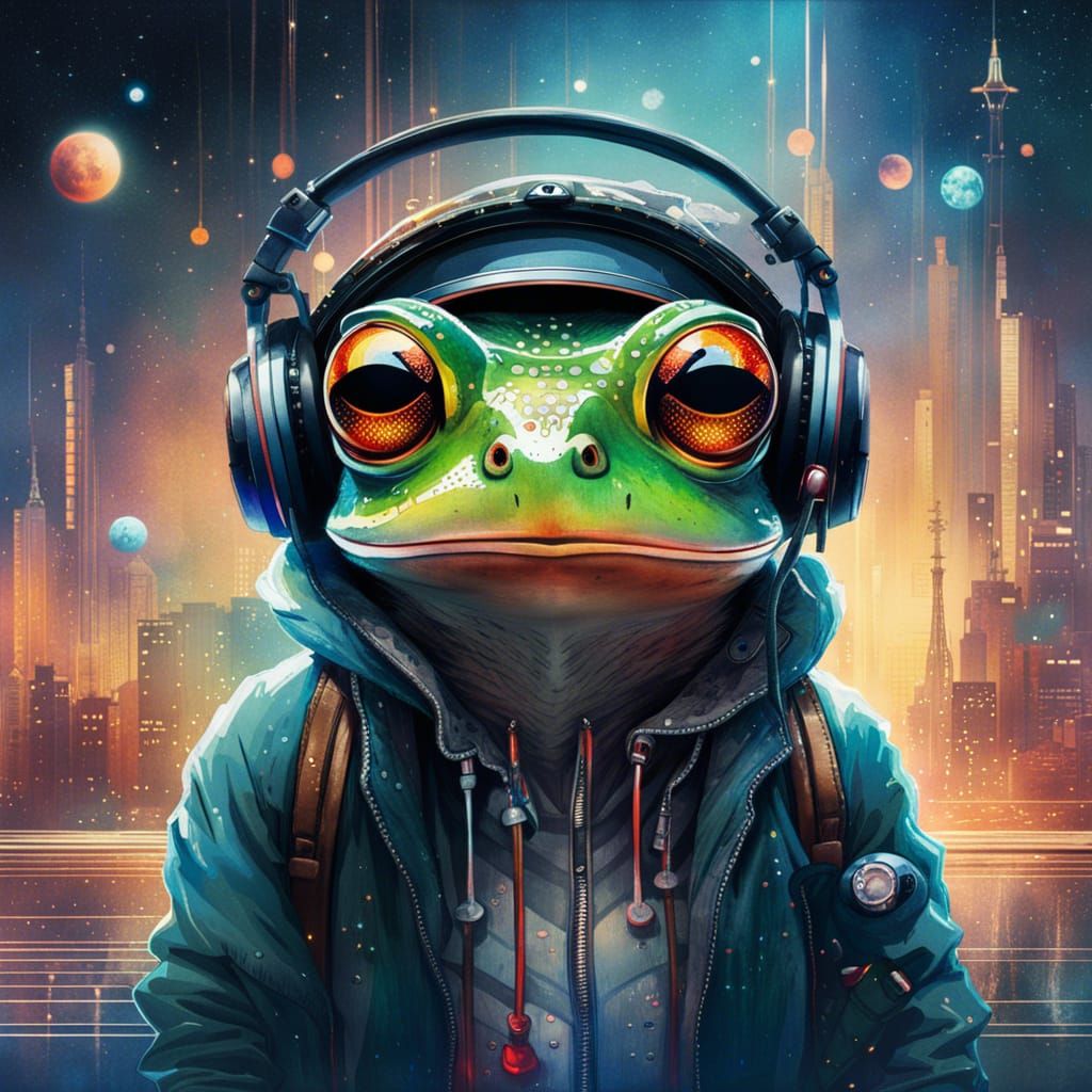 Anime Frog DJ in Watercolor Style