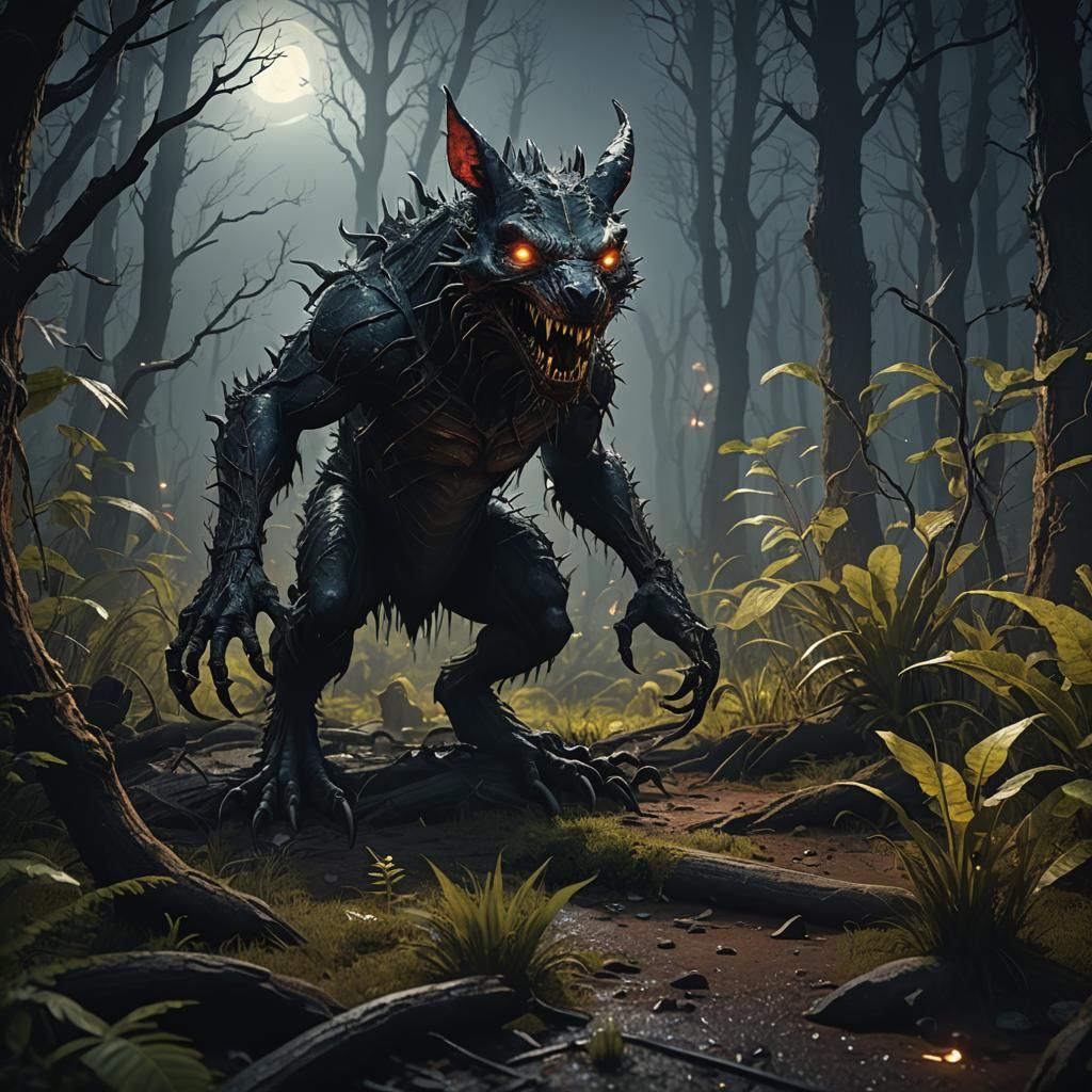 Eerie Chupacabra Lurking in Dark Forest, Matte Painting