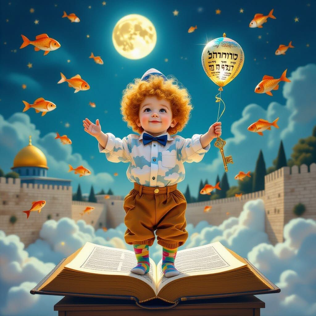 Surreal Floating Boy with Glowing Curls