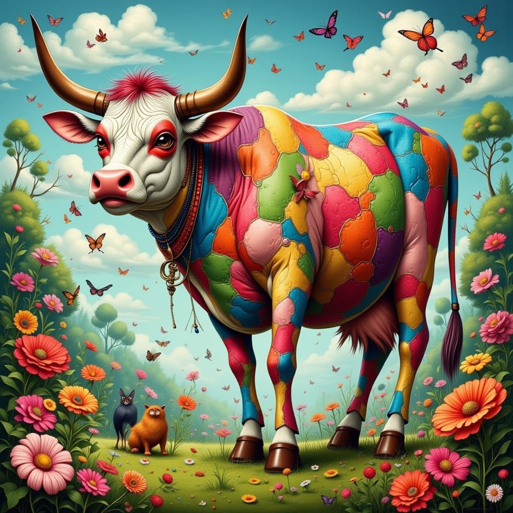 Vibrant Patchwork Cow in Whimsical Wonderland