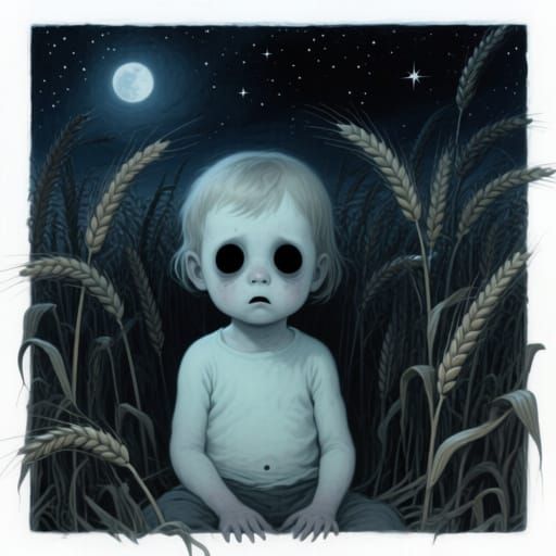 Scary Child in Wheat Field Under Starry Night