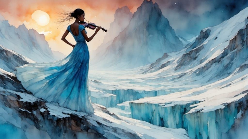 Icy Woman Plays Violin in Cubist Glacier Landscape