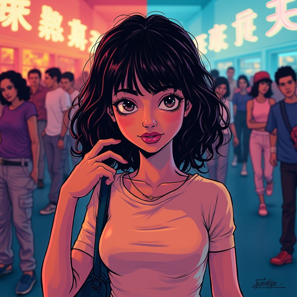 Woman Navigating Crowd: Stylized Digital Illustration