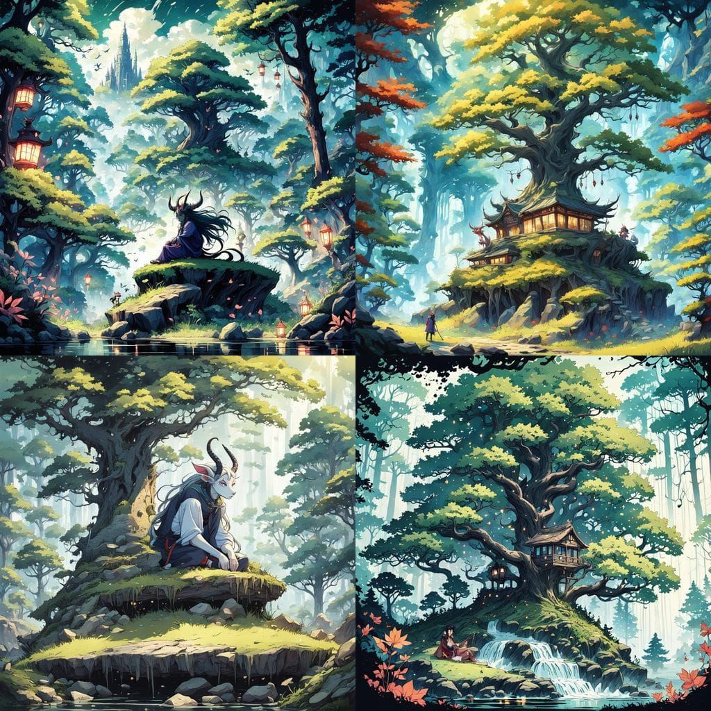 Anime Tiefling Amidst a Vibrant Forest in a Studio Ghibli-In...