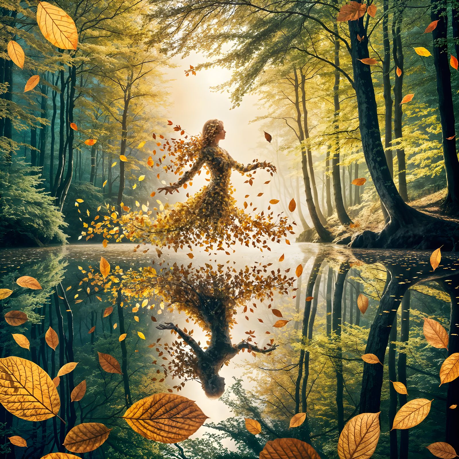 Dreamy Autumn Lake Woman in Double Exposure