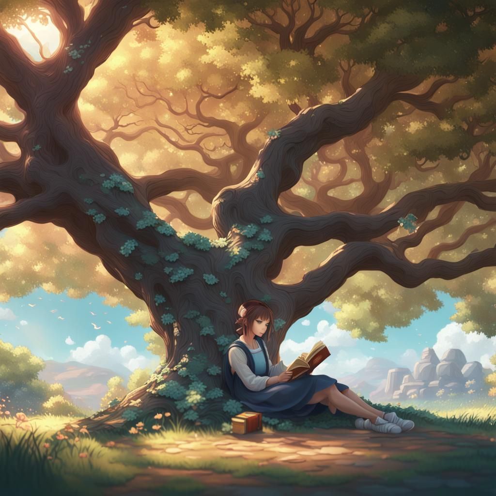 Anime Girl Reading Under Tree in Pastel Style