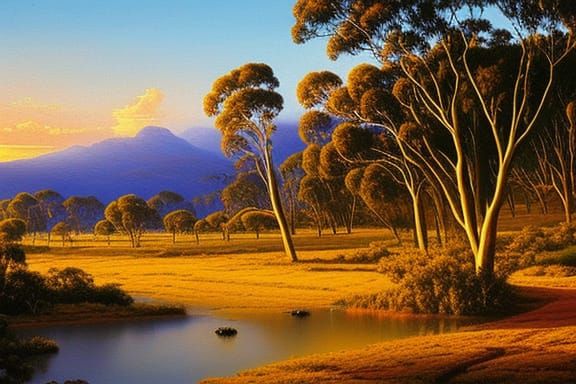 A beautiful Australia themed fictional landscape based on an image taken during golden hour. Oil painting
