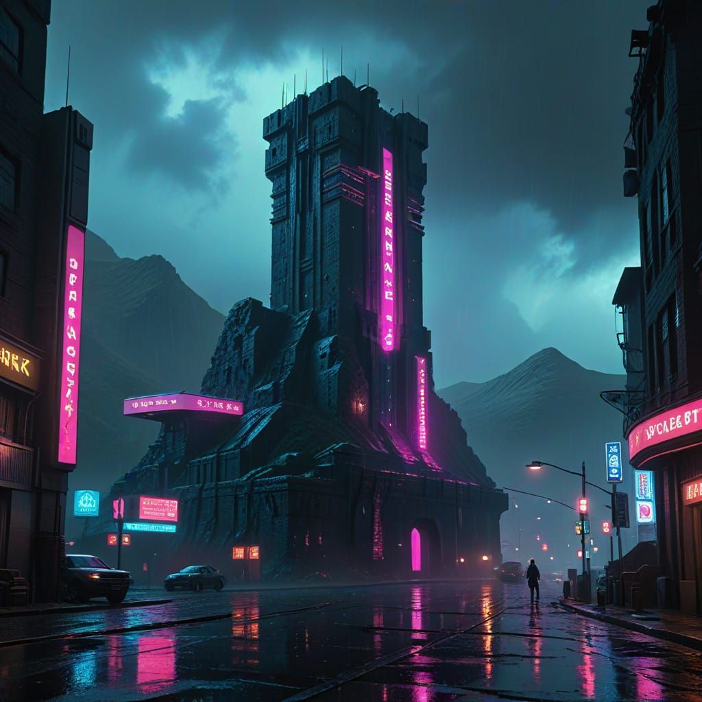 Cyberpunk Dolbadarn Castle with Samurai in Neon City