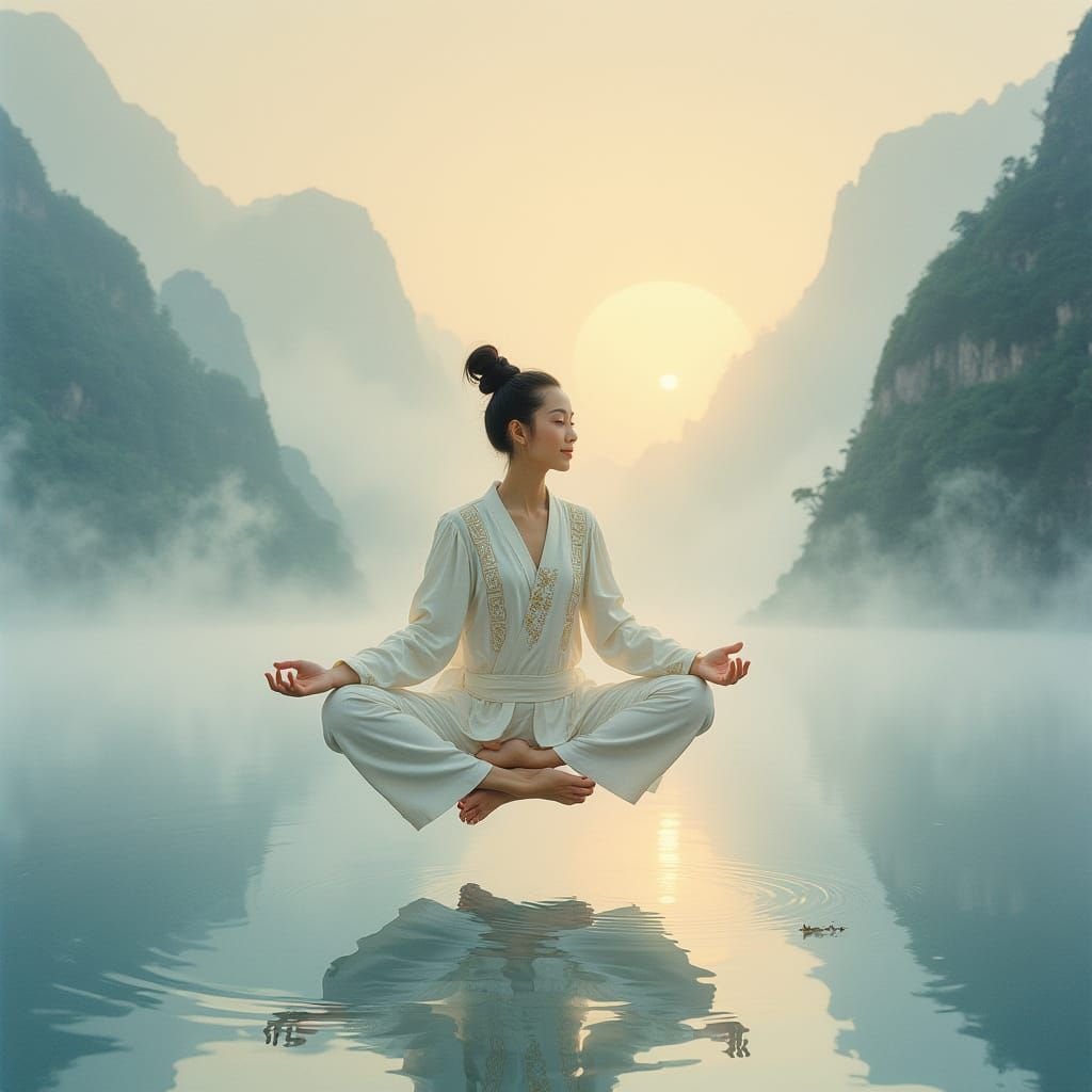 Meditating Yoga Instructor Above Mountain Lake in Chinese St...