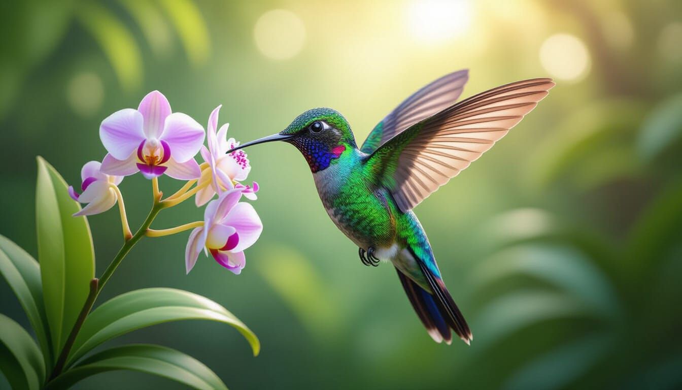 A hummingbird sips nectar from an orchid flower
