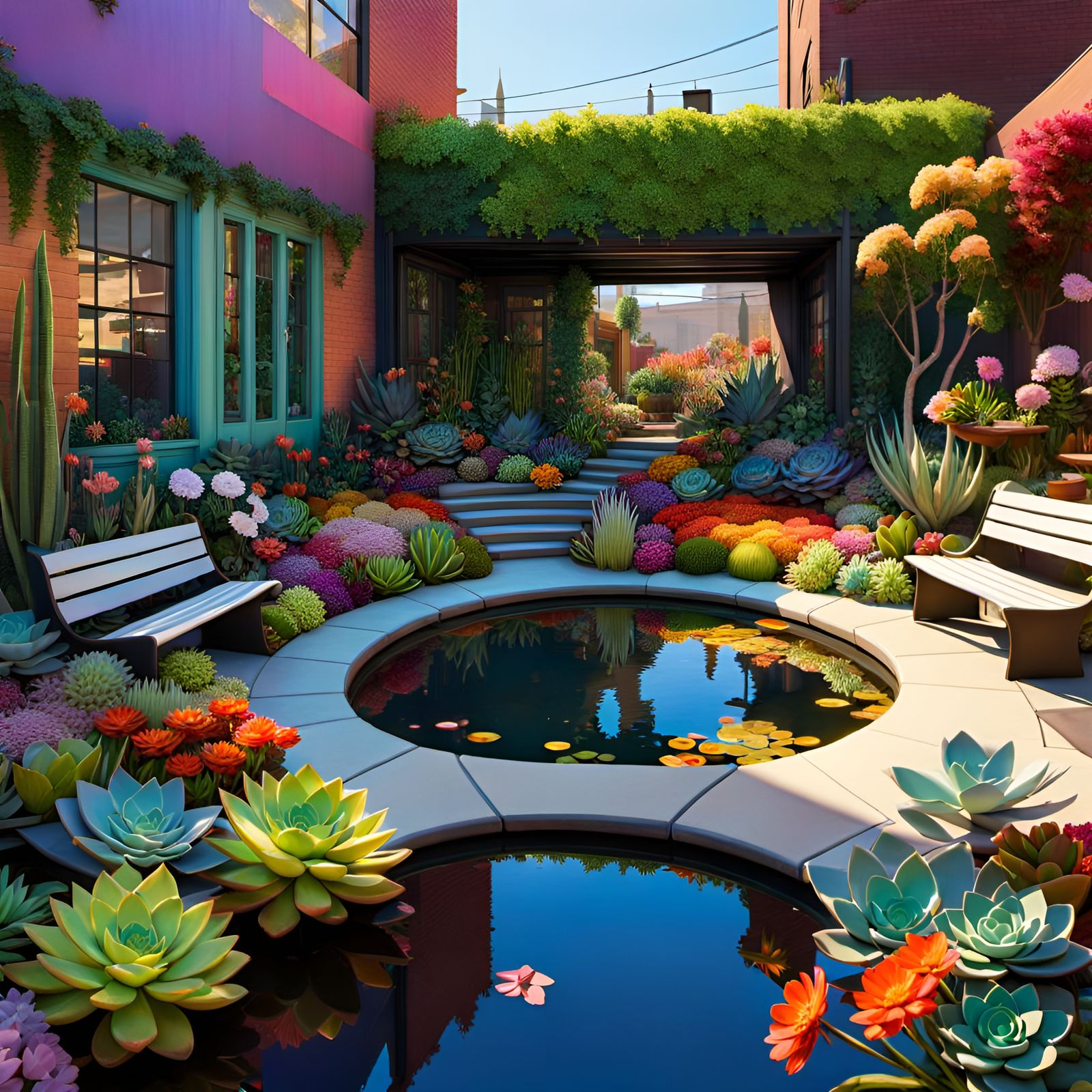 Colorful Urban Garden Oasis in Maximalist Style