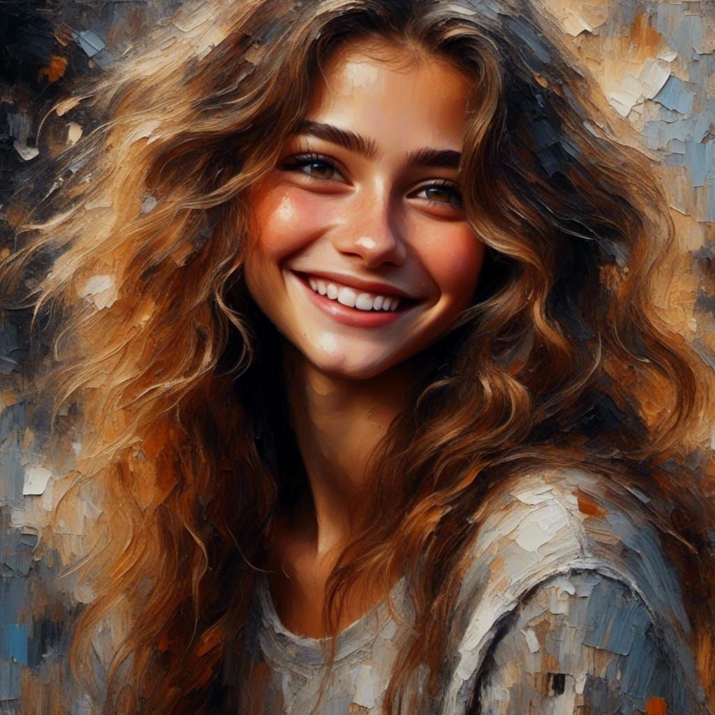 portrait of a girl with long brown wavy hair and bright haze...