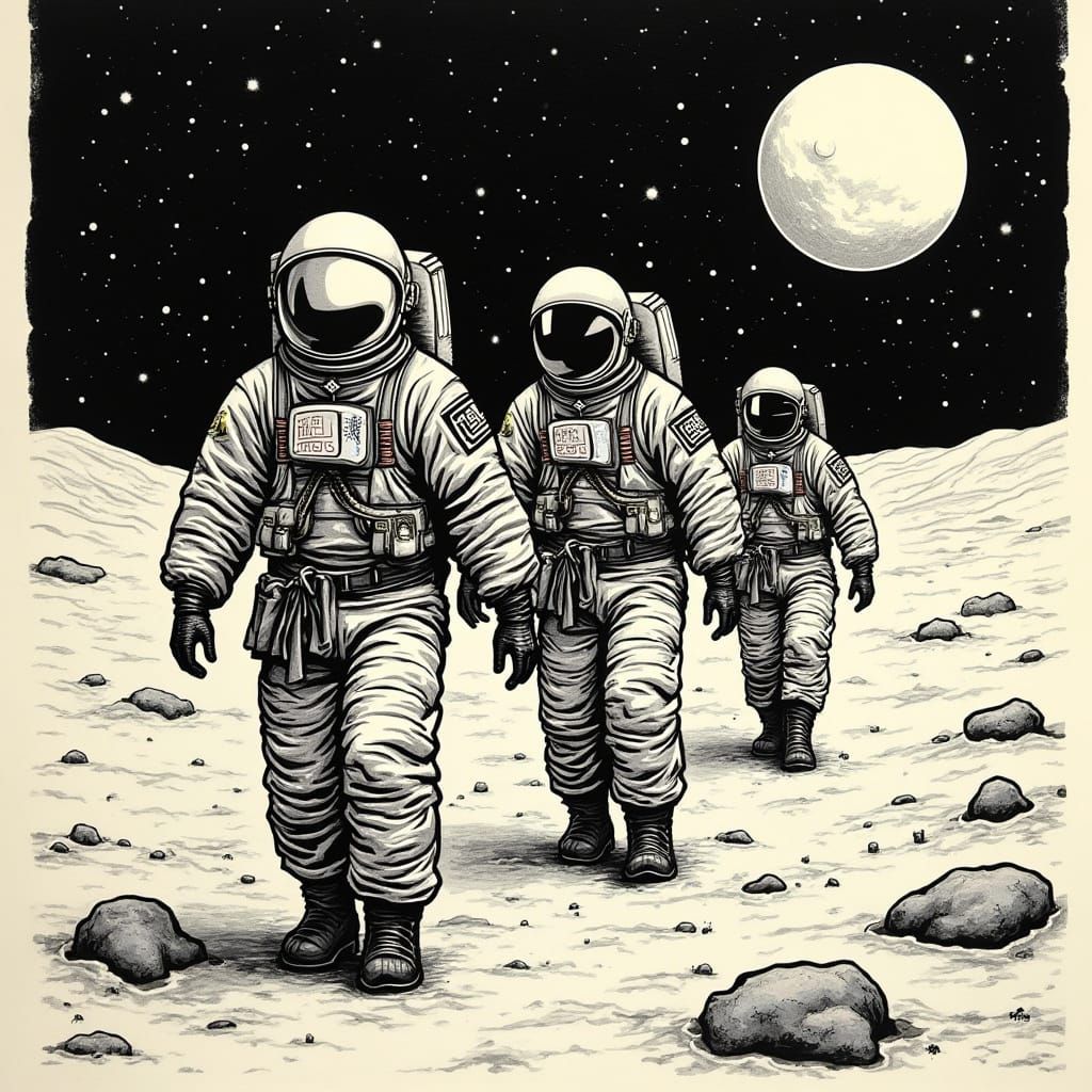 Moonlit Yakuza Astronauts in Woodcut Style