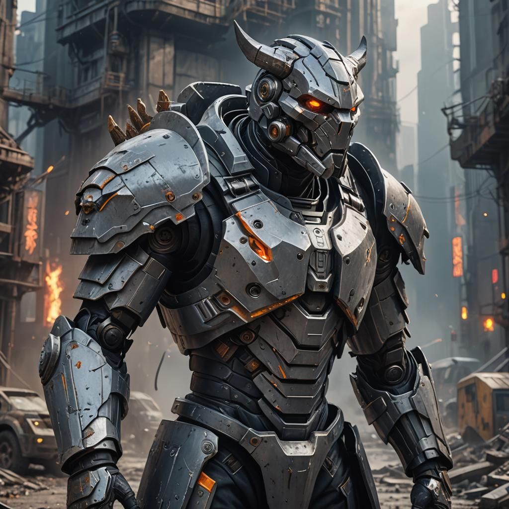 Armored Gray Beast in Futuristic Dystopia