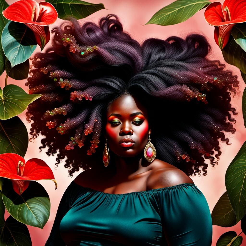 Renaissance-Style African Woman Floating with Flowers