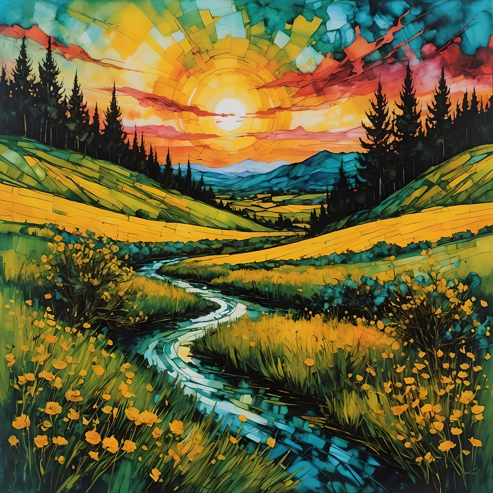 Encaustic Spring Sunset Landscape in Impressionist Style