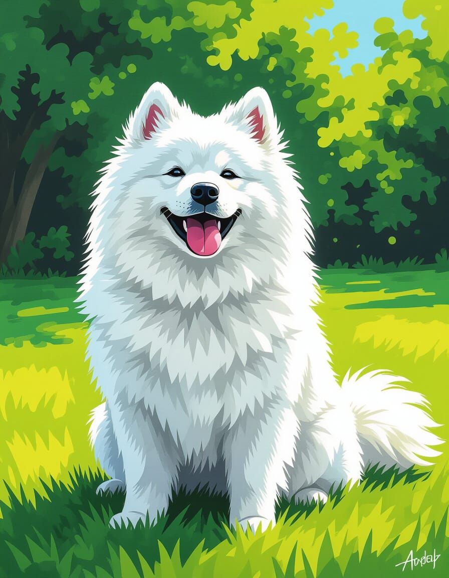 Happy Samoyed Dog in Graffiti Splash Art Style