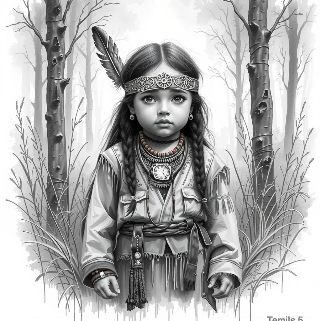 Native American Child Sketch in Forest Setting
