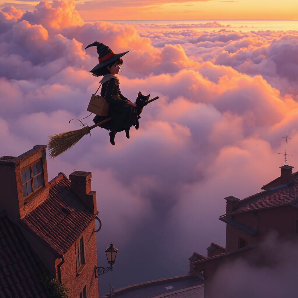 Whimsical Coastal Town Breeze, Kiki and Jiji on a Broomstick...