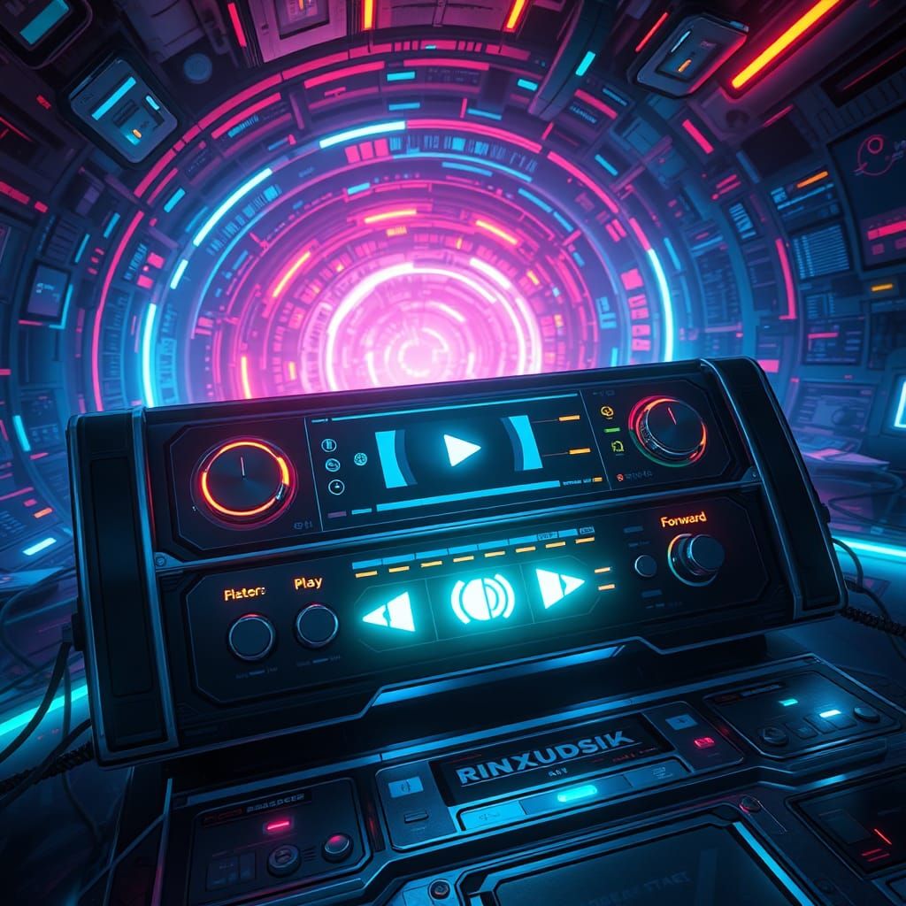 Futuristic Audio Console with Glowing Icons in Cyberpunk Sty...