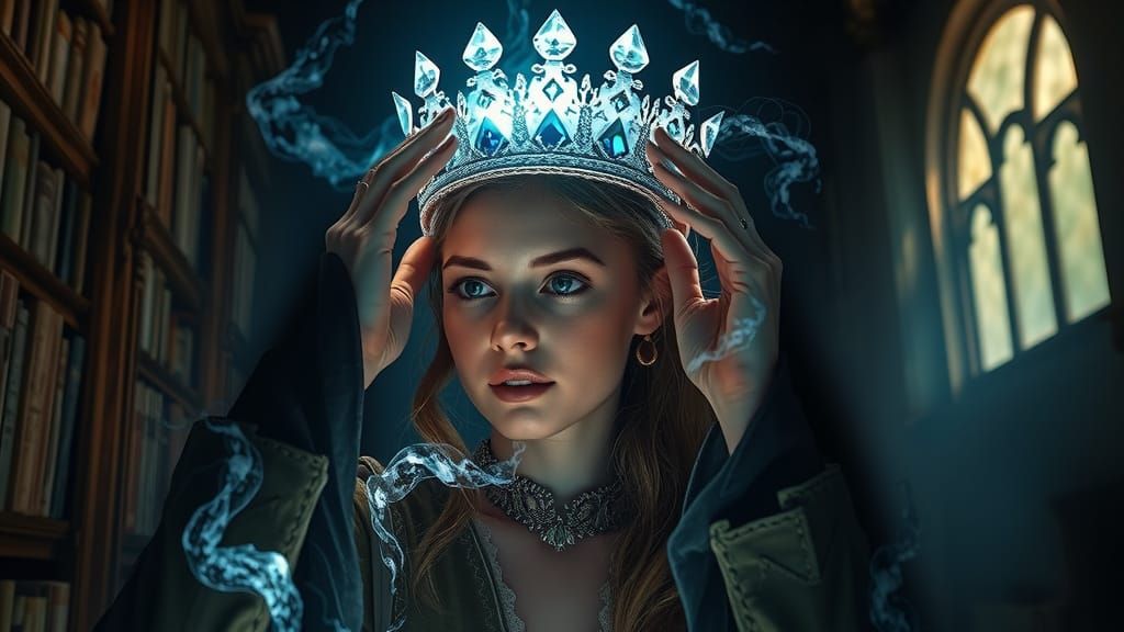 Woman Places Glowing Crystal Crown in Moonlit Library