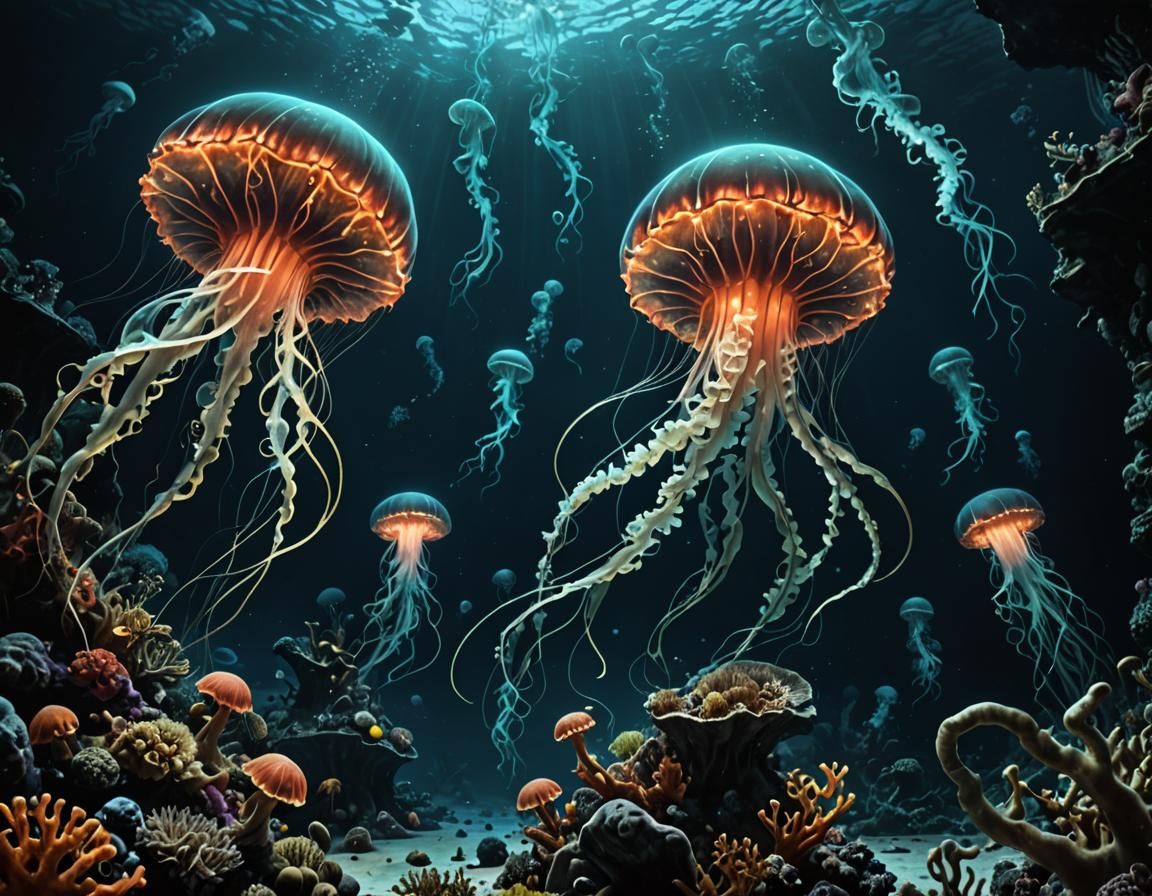 Surreal Bioluminescent Coral Reef Horror Scene