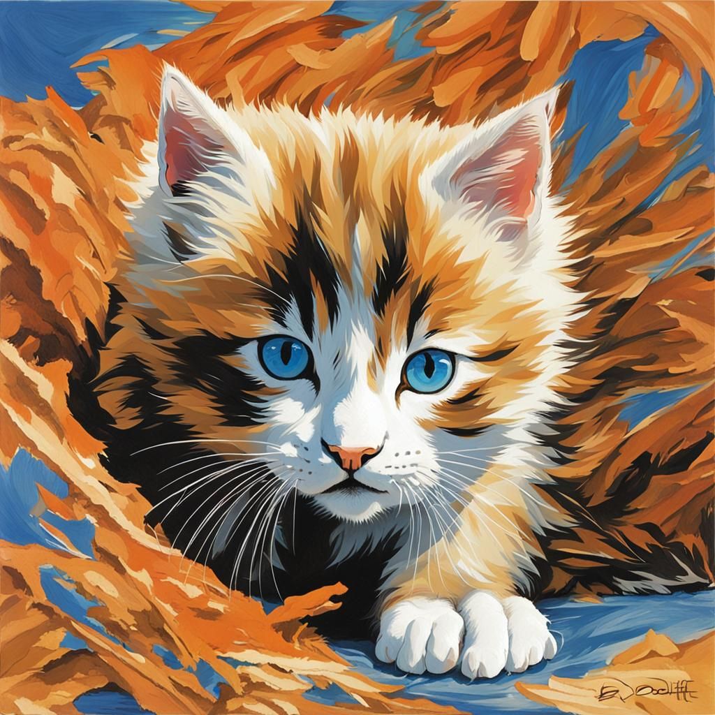 Blue-Eyed Kitten Portrait in Thick Brush Stroke Style
