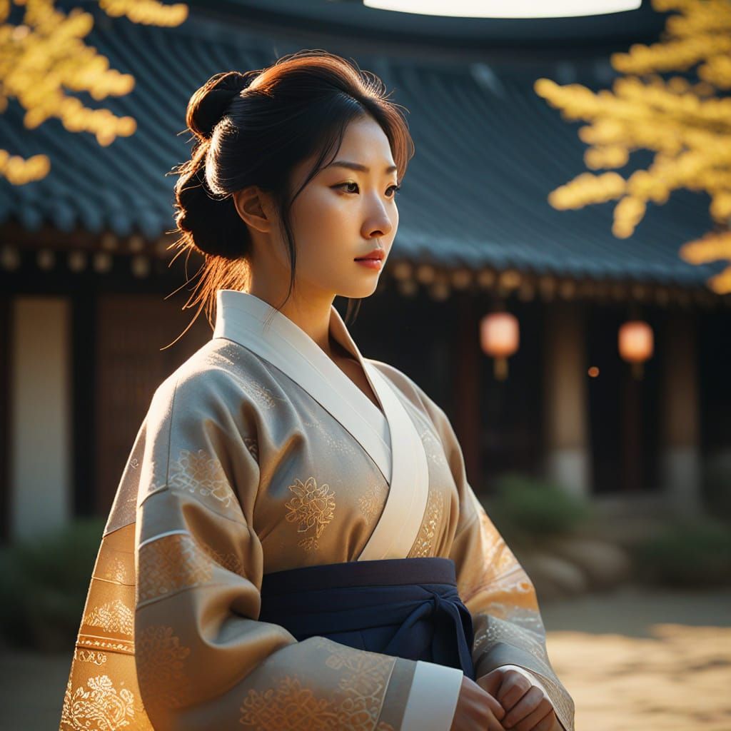 Korean Girl in Hanbok in Golden Hour Lighting