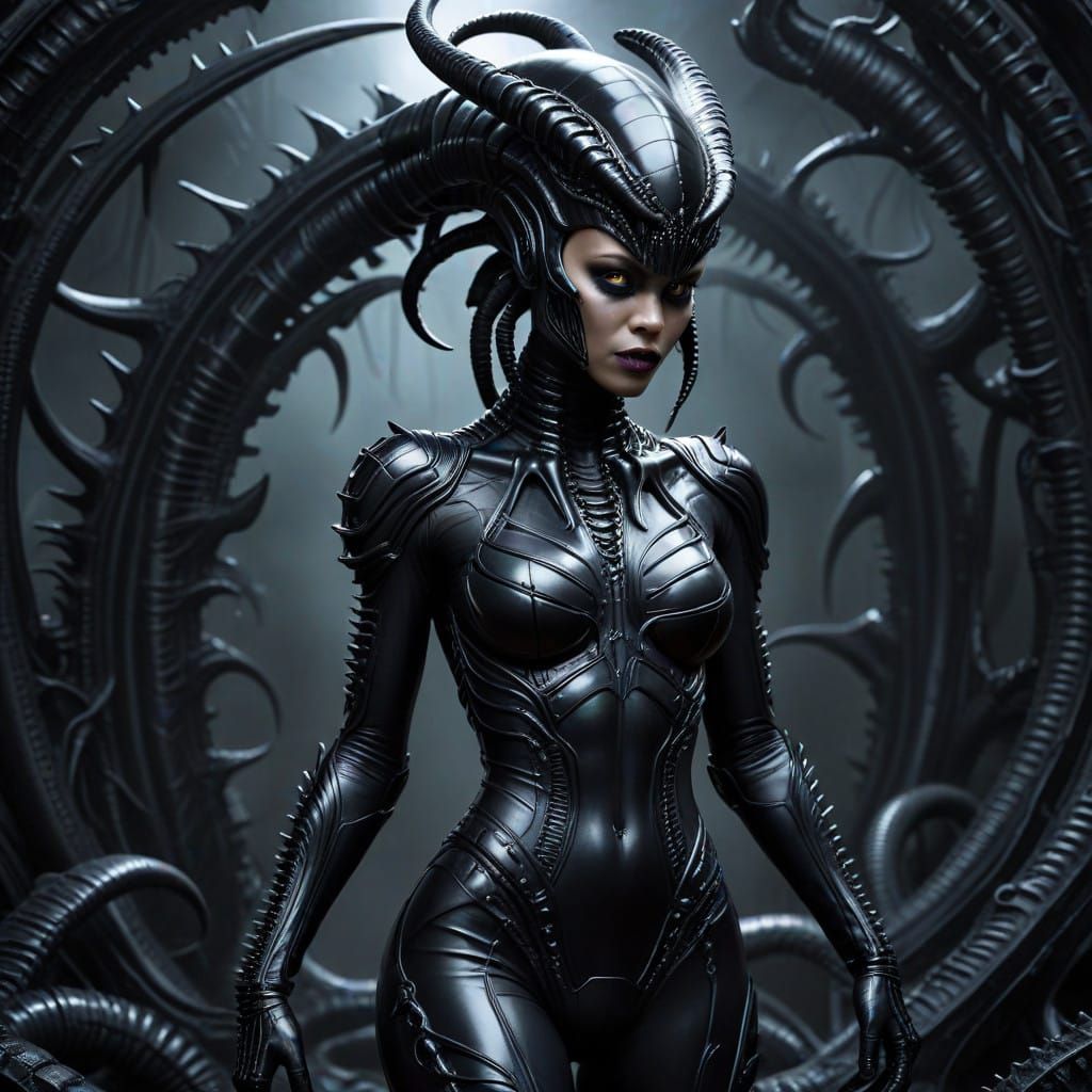 Cyber Necromancer Queen in Black Xenomorph Hide