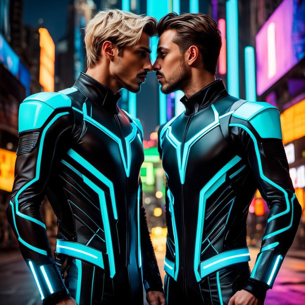 Gay Couple Kiss in Tron Cyberpunk Cityscape