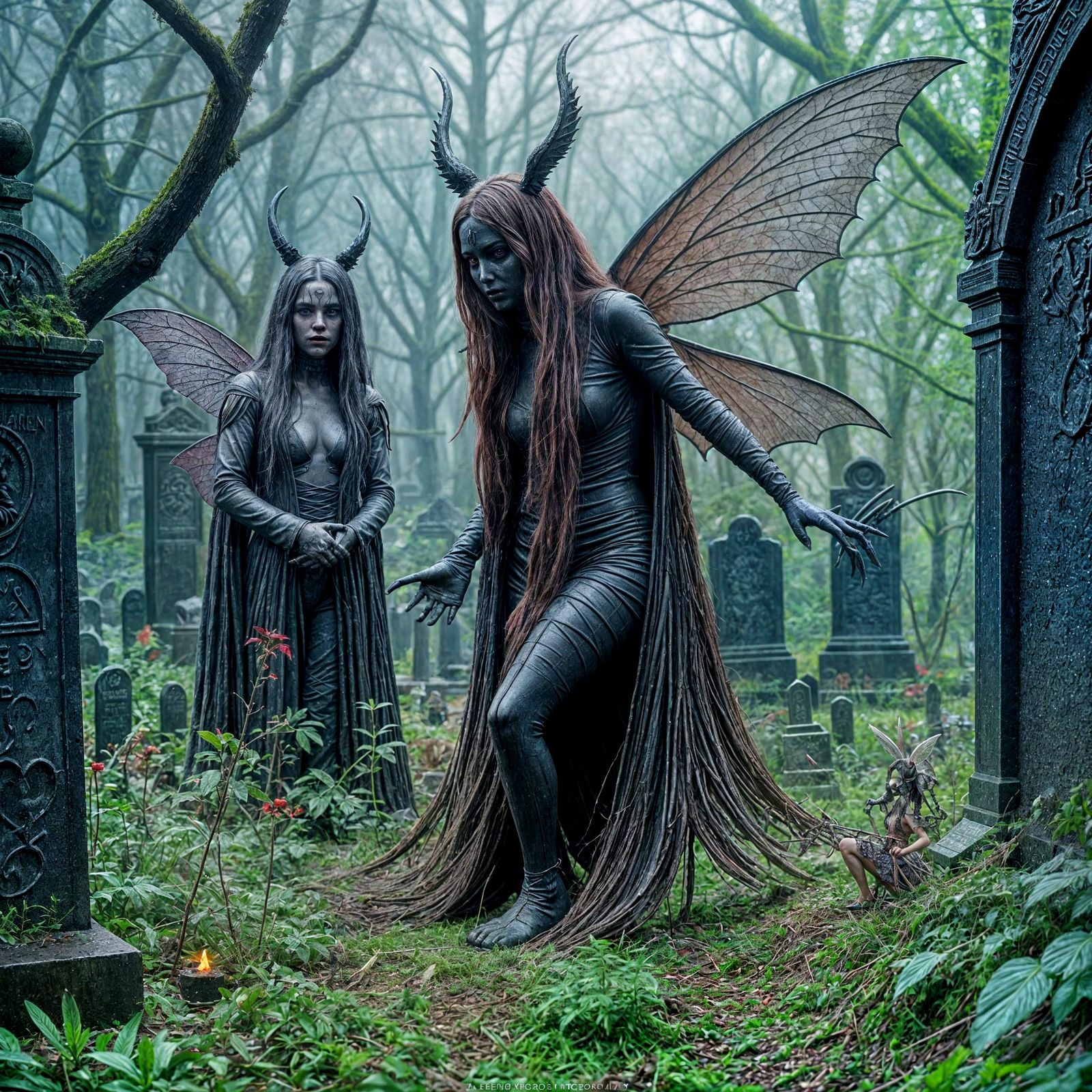 Sinister Fairies Emerge in Graveyard, Gothic Horror Style