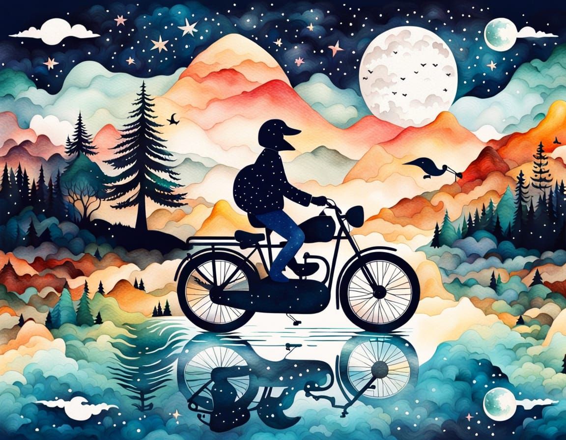 Surreal Biker Landscape with Duck in Aquarelle Style