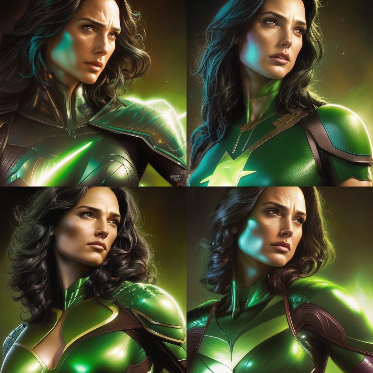 Green Superheroine Crayon Caricature in Comic Book Style