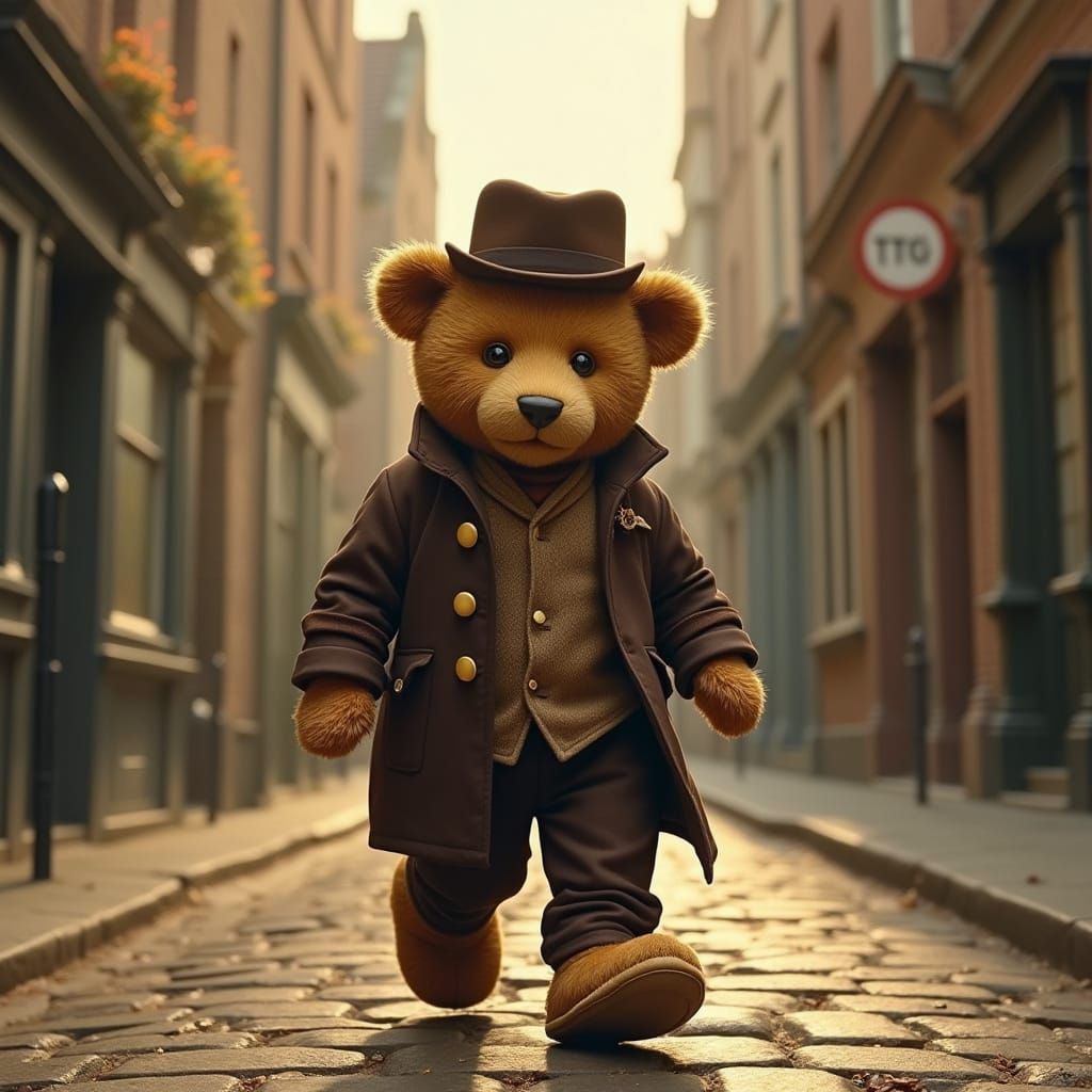 Confident Teddy Bear Strides Through Whimsical Streets
