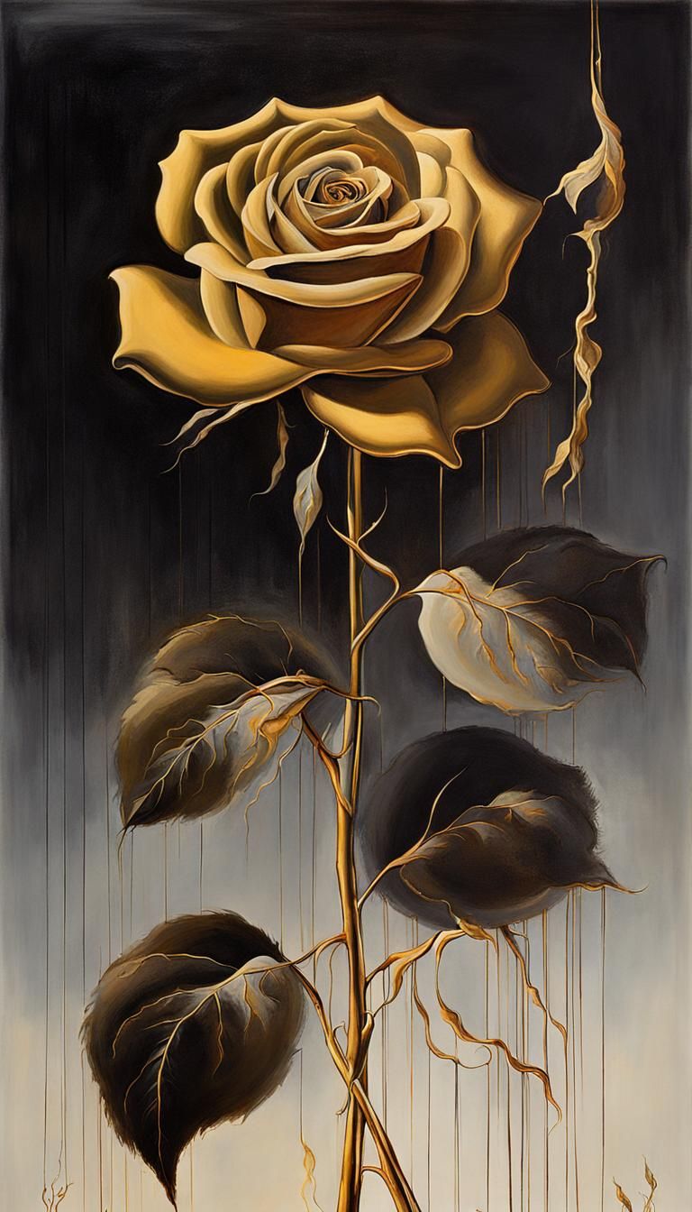 Black Rose with Gold Stem in Surrealist Style