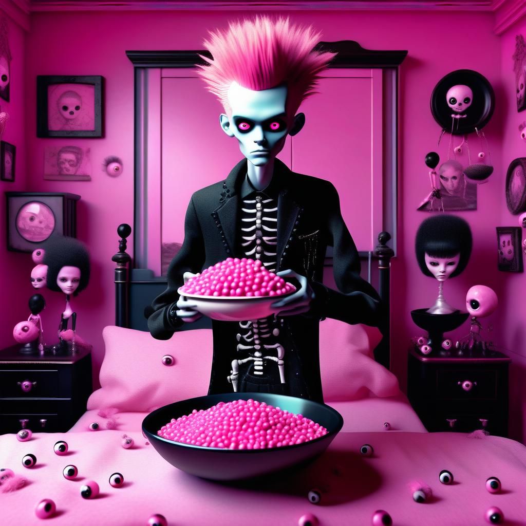 Surreal Goth Boy with Eyeballs in Barbie Room