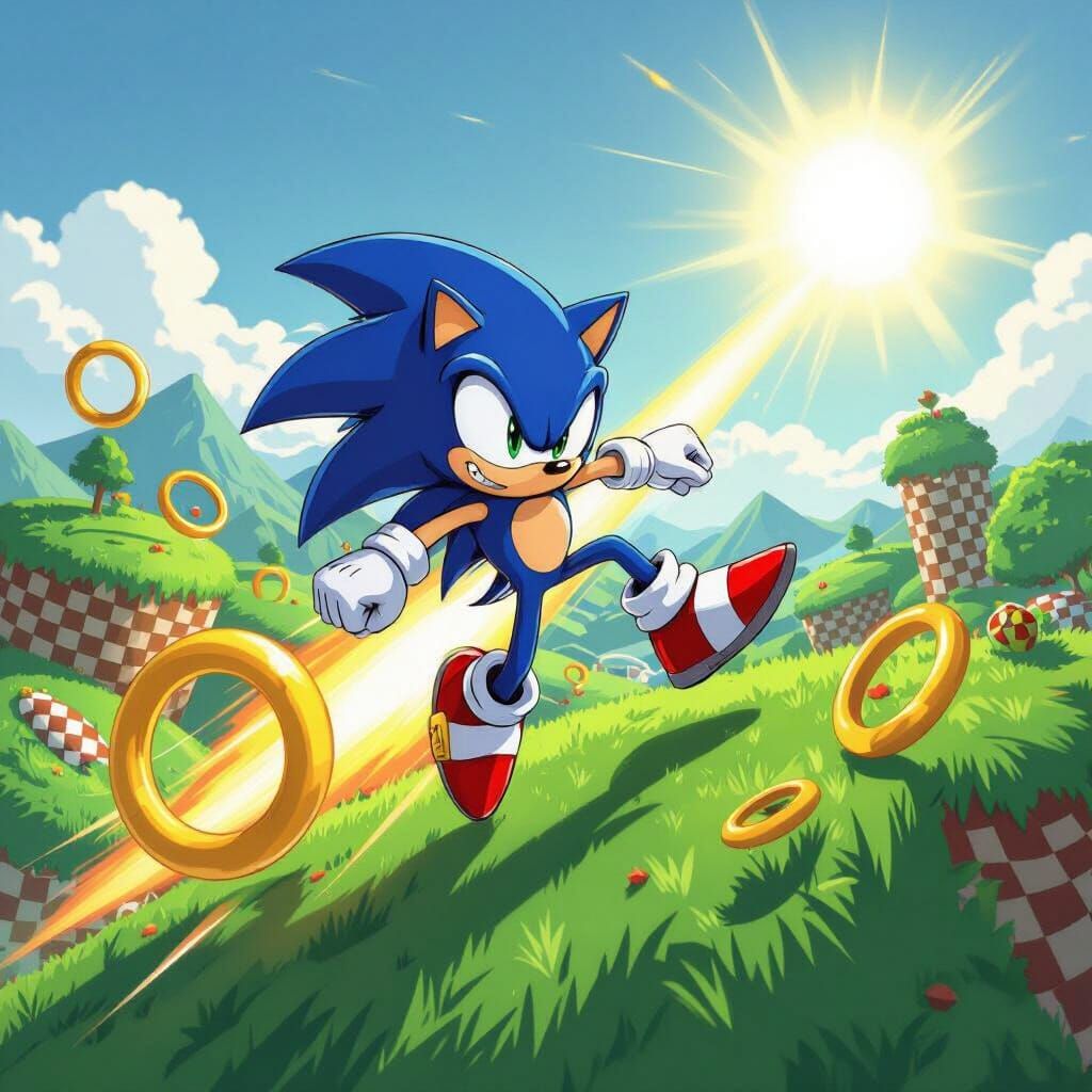 Super Sonic Flies Through Green Hill Zone in Anime Style