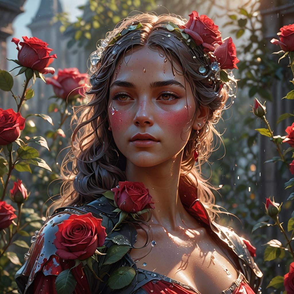 Dewy Red Rose in Sunlight: Hyperdetailed Digital Art