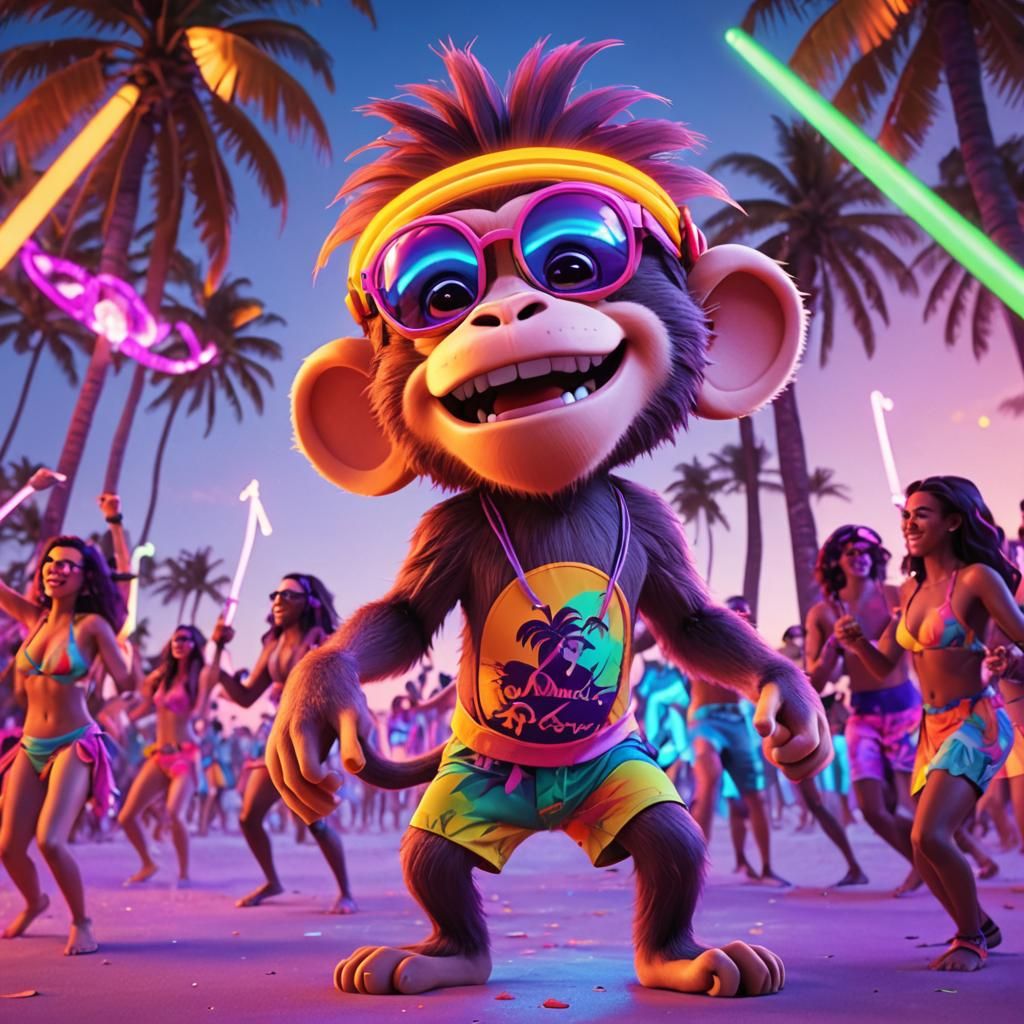 Vibrant Sunset Rave with a Dancing Monkey