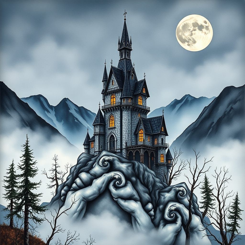 Ethereal Gouache Castle in Moonlit Fog